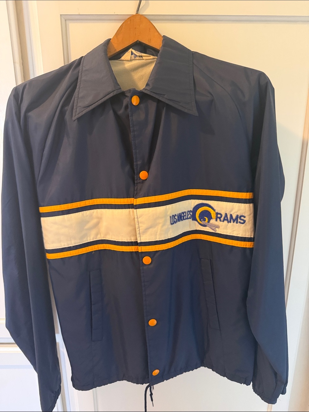 Vintage 80s Los Angeles Rams Navy Windbreaker Jacket with Yellow Accents